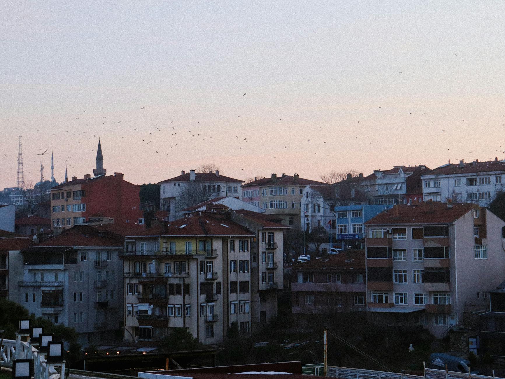 Traditional residential buildings and a mosque minaret in Istanbul at sunset.