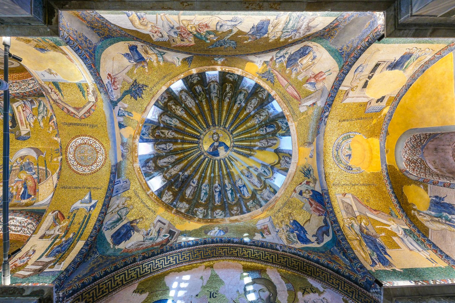 Vibrant Byzantine mosaics on the ceiling of the Chora Church in Istanbul.