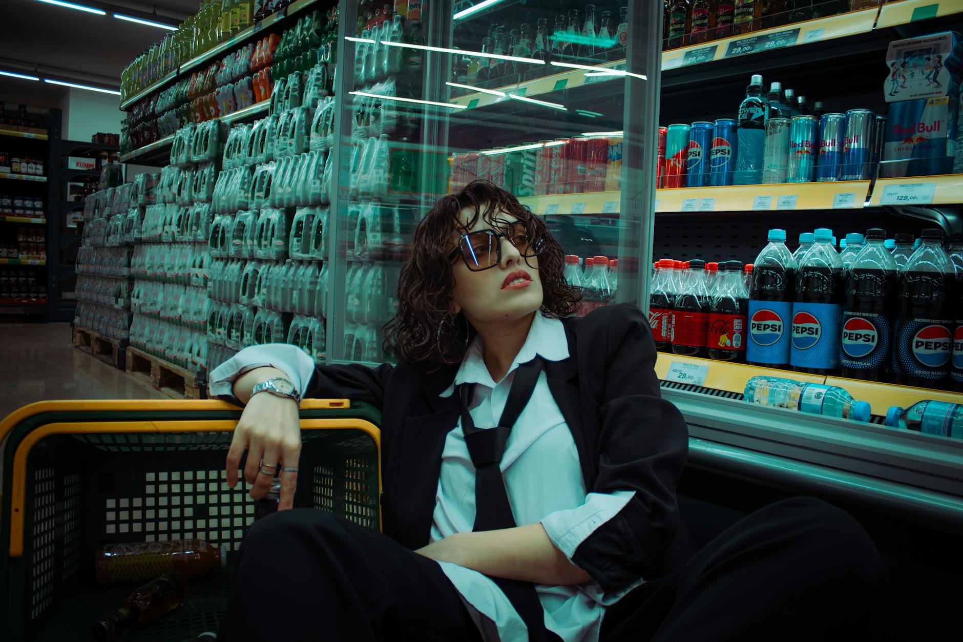 A woman sits by rows of soda bottles in a Turkish supermarket.