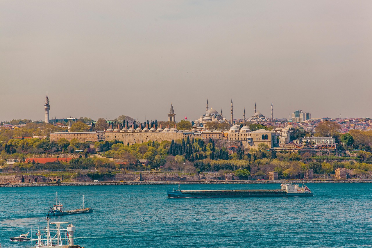 A wide view of the Istanbul skyline and Sultanahmet district from the sea.