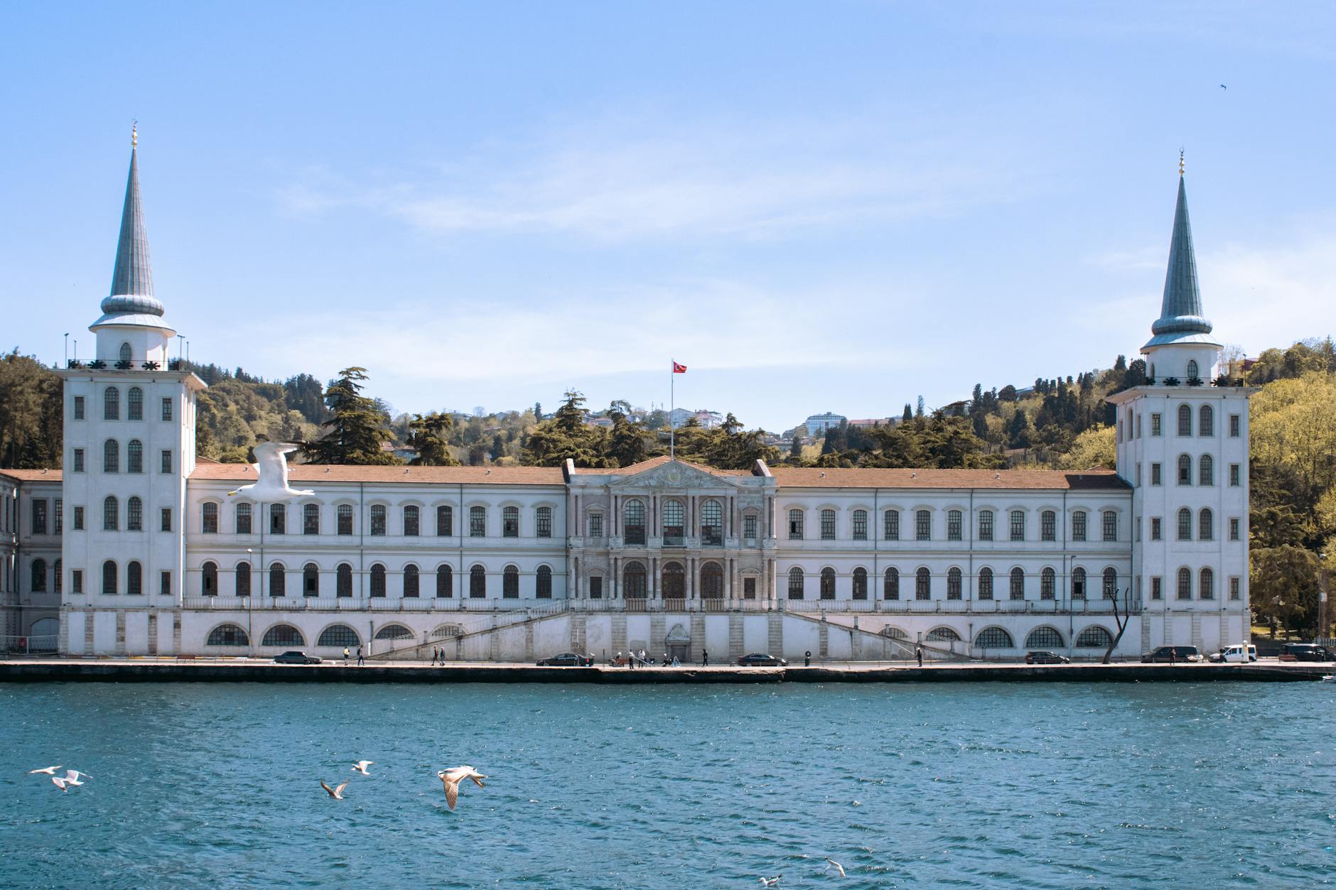 The iconic Kuleli Military High School sits along the quiet Bosphorus waterfront walking trail.