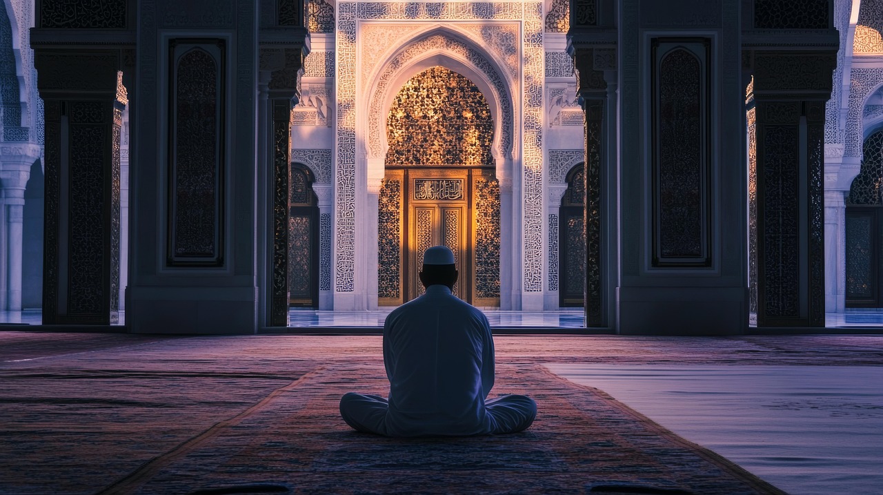 A man in traditional attire prays on a carpet inside a sunlit mosque.