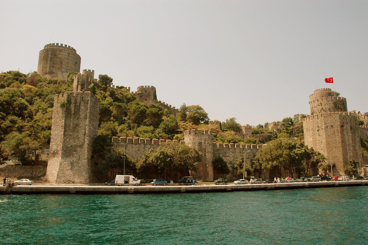 The historic Rumeli Hisarı fortress walls stretching along the Bosphorus shoreline.