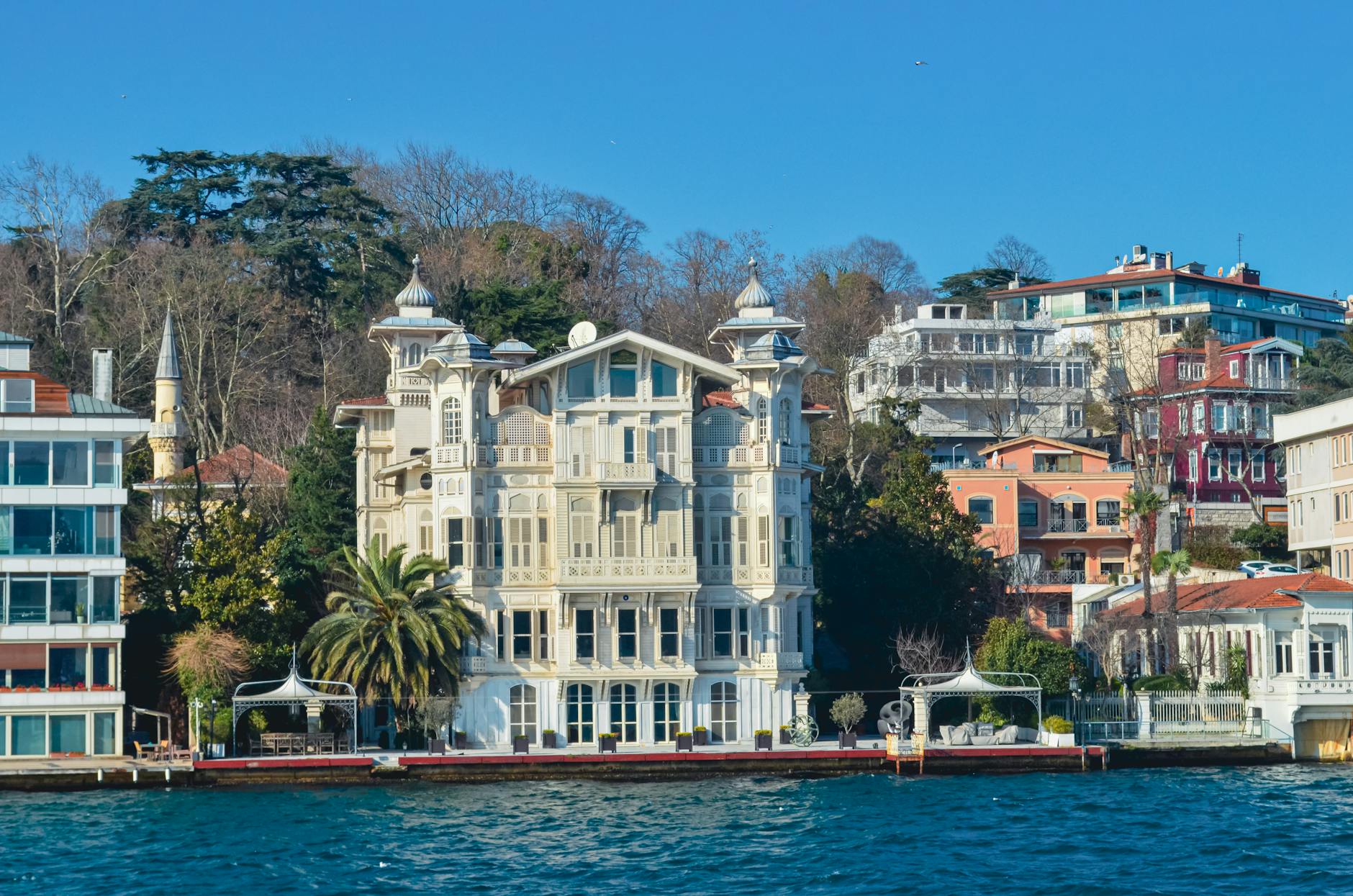The ornate white facade of Sait Halim Pasha Mansion sits directly on the Bosphorus.