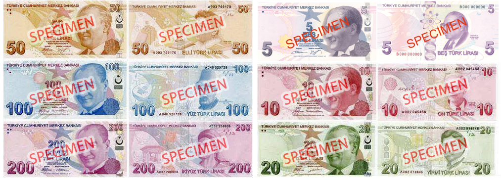 Turkish Lira banknotes in all denominations from 5 TL to 200 TL featuring Mustafa Kemal Atatürk